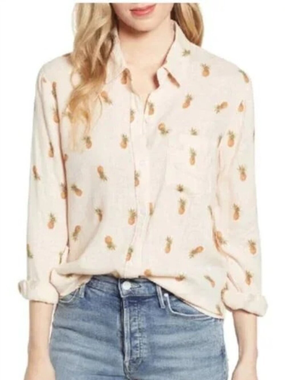 Rails Charli Button Down Linen Blend Shirt Blush Pinas Pineapple Print Size XS